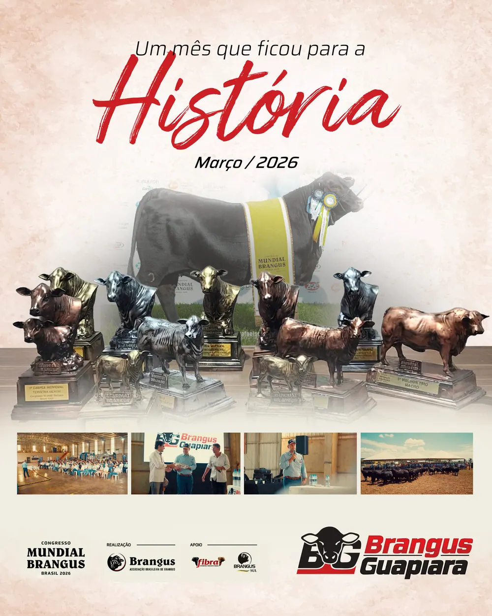 Arte comemorativa 'Um mês que ficou para a história', março de 2026, com os troféus do Congresso Mundial Brangus conquistados pela Brangus Guapiara